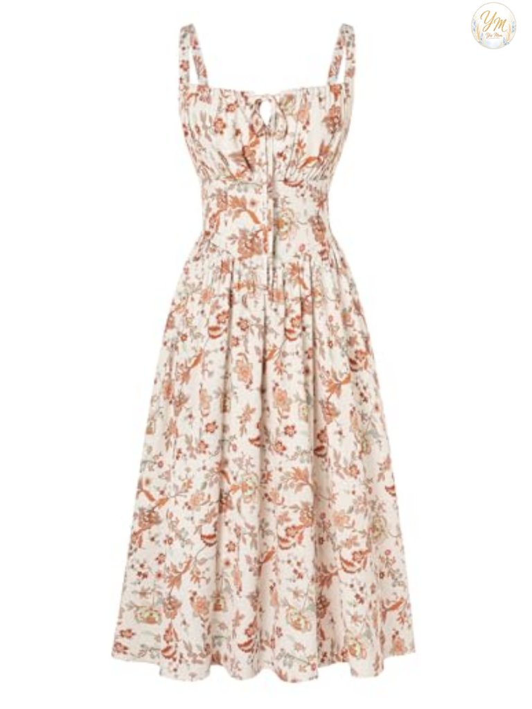 Womens Floral Corset Midi Dress With Pockets Sleeveless A-Line Smocked Back